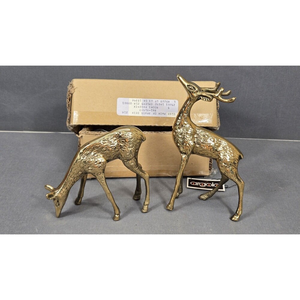 Argold Vintage Brass Deer Standing with Antlers and Grazing 4" and 6.5"